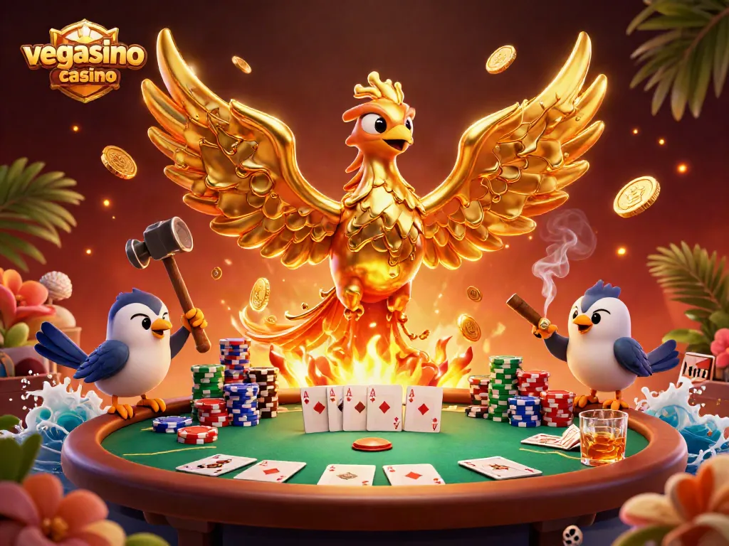 Experience the thrilling vegasino casino action with a 3D golden phoenix amidst poker elements.