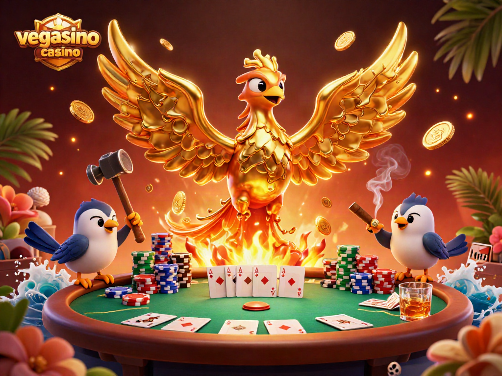 Experience the thrilling vegasino casino action with a 3D golden phoenix amidst poker elements.