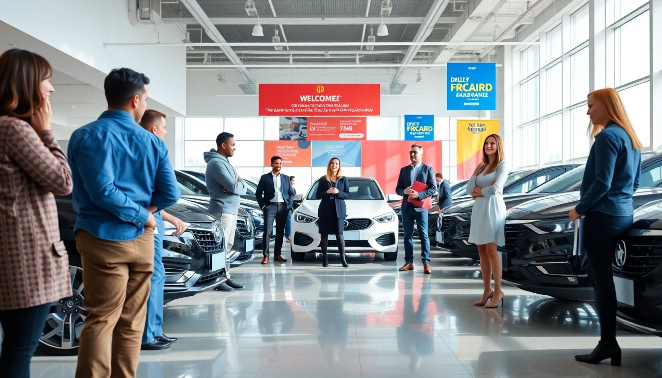 Auto kaufen in einer modernen Autohandlung mit freundlichen Verkäufern und glücklichen Kunden.