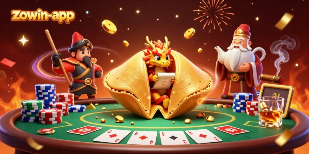 Win big at zowin-app with exciting poker action featuring a golden fortune cookie and dragons.