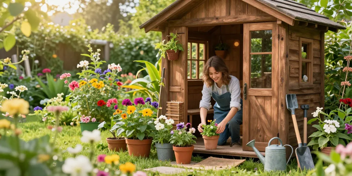 Gartenhaus Holz umgeben von blühenden Pflanzen und freundlicher Person bei der Gartenarbeit.