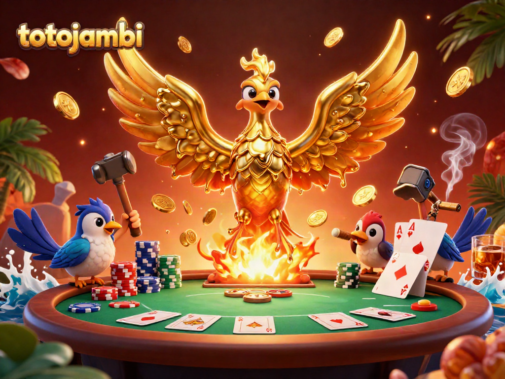 Immerse yourself in the exciting world of totojambi with a dynamic illustration of a golden phoenix and casino elements.