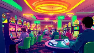 Exciting online casino Österreich gaming scene featuring players at digital slot machines and card games.