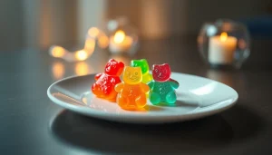 Kaufe die köstlichen edibles gummibärchen in verschiedenen Farben, präsentiert auf einem eleganten Teller.