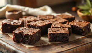 Leckere THC Brownies, frisch gebacken, auf einem rustikalen Holztisch präsentiert, um deren Schokoladigkeit hervorzuheben.