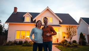 Glückliches Paar beim Hauskauf vor einem modernen Einfamilienhaus im Abendlicht.