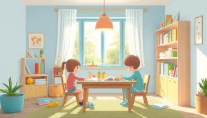 Kinder beim Heimunterricht lernen kreativ mit Büchern und Materialien.