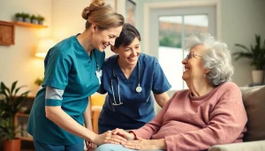 Pflegedienst Mitarbeiter kümmern sich liebevoll um ältere Menschen in vertrauter Umgebung.