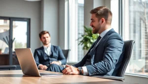 Personalberater Vertrieb in einem modernen Büro, der mit einem Bewerber spricht, professionell gekleidet mit Laptop.