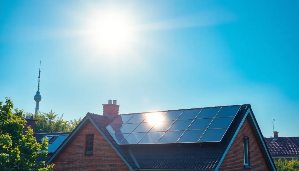 Installation einer Photovoltaikanlage kaufen Berlin mit sonnigem Himmel und urbanem Hintergrund.