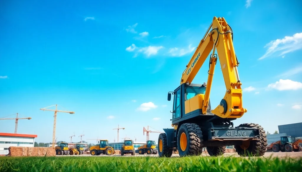 Entdecken Sie umfangreiche Baumaschinenvermietung Hannover mit einem aktiven Bagger auf einer lebhaften Baustelle.