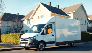 Professionelles Umzugsunternehmen Saarbrücken zeigt Umzugswagen vor typischem Wohnhaus.