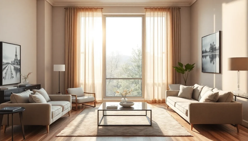 Stilvolles Wohnzimmer mit Plissee Maßanfertigung, das Licht sanft filtert.