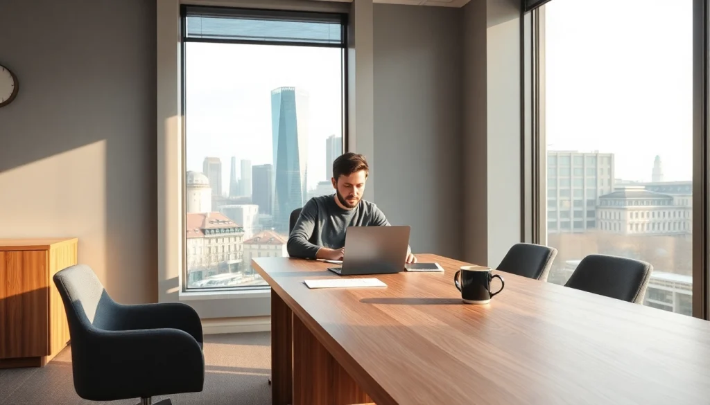 Headhunter Frankfurt bei der Arbeit in einem modernen Büro mit Stadtblick.