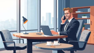 Headhunter Saarbrücken arbeitet professionell im modernen Büro, während er einen Telefonanruf entgegennimmt.