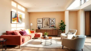 Stylische Raumgestaltung mit einem modernen Wohnzimmer, das durch Licht und Farben erstrahlt.