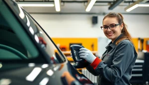 Dellenreparatur München (PDR) in einem modernen Werkstattumfeld, Mechanikerin arbeitet präzise an einem Auto.
