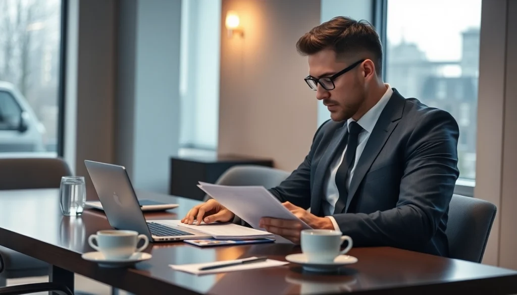 Headhunter Schweiz analysiert Bewerbungsunterlagen in modernem Büro. Professionelles Umfeld schafft Vertrauen und Effizienz.