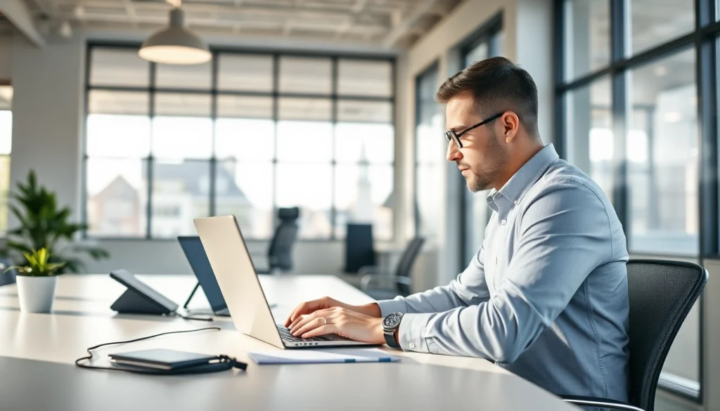Der Headhunter Hagen arbeitet zielstrebig in einem modernen Büro, um Talente zu rekrutieren.