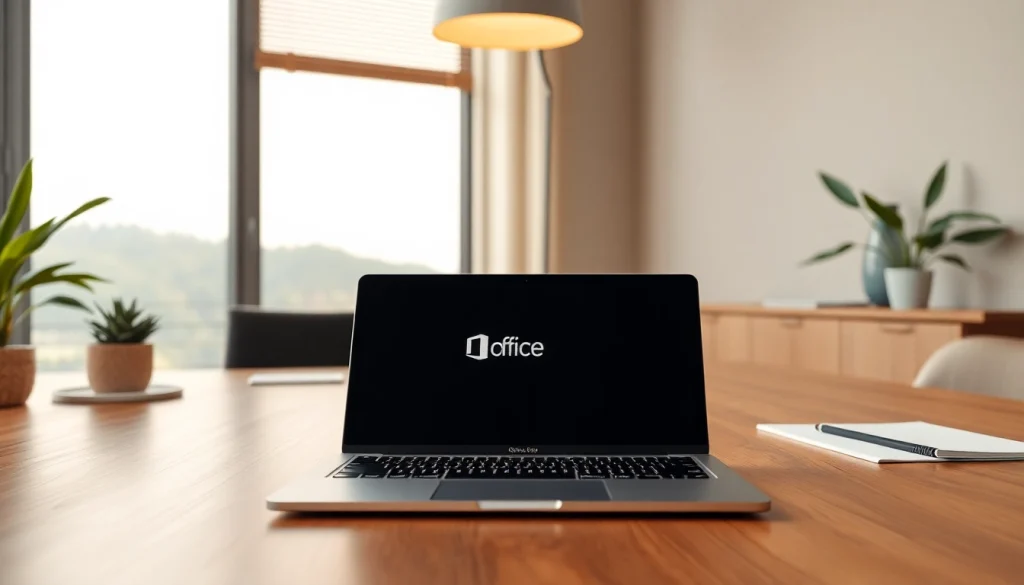 Nutzen Sie Office 2024 für Macbook Pro auf einem modernen Schreibtisch mit MacBook Pro und Pflanzen im Hintergrund.