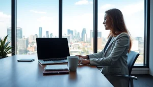 Headhunter Wiesbaden in a modern office with city skyline.