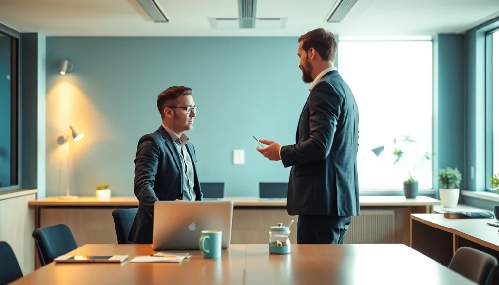Interaktive Beratungsszene zwischen einem Headhunter Monchengladbach und einem Bewerber in modernem Büroambiente.