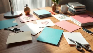 Karten selbst gestalten in einem kreativen Arbeitsbereich mit bunten Materialien und schönem Licht.