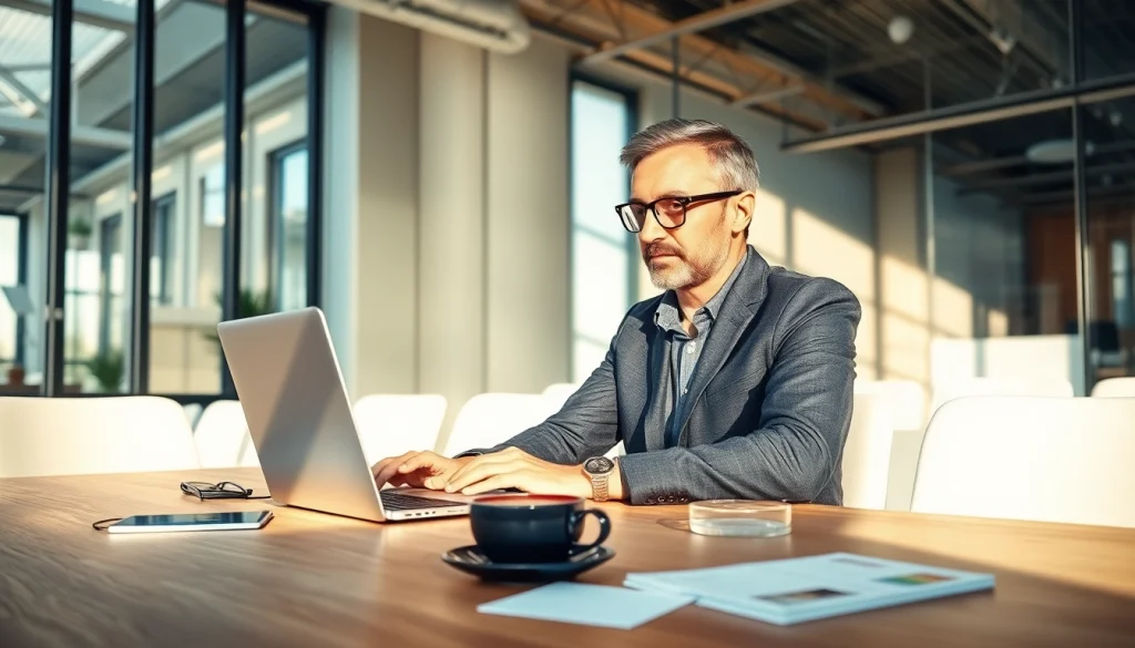 Headhunter IT bei der Arbeit an einem Laptop, umgeben von Notizen und Kaffeetasse.