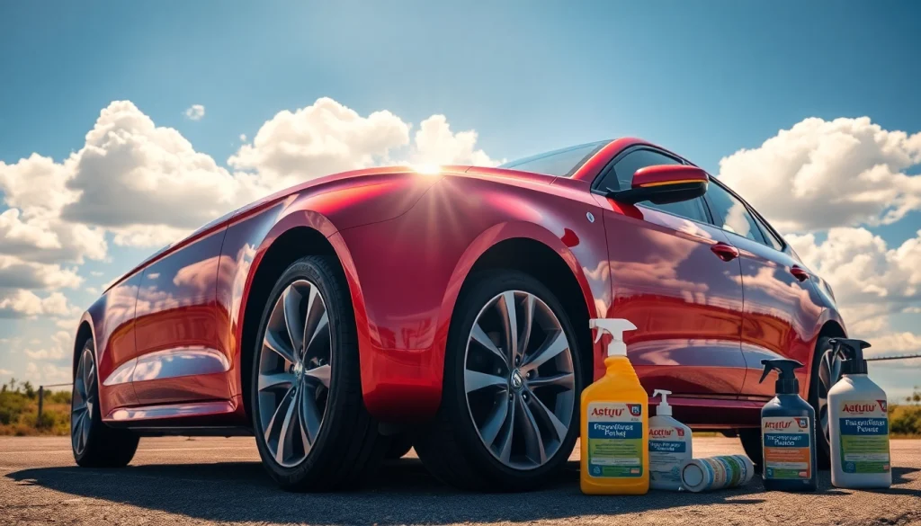 Autopolitur kaufen für ein glänzendes Auto, frisch poliert mit Pflegeprodukten sichtbar.