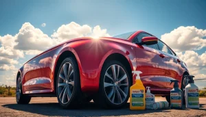 Autopolitur kaufen für ein glänzendes Auto, frisch poliert mit Pflegeprodukten sichtbar.