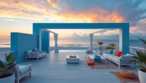 Entspanne in einem modernen Küsten-Cabana, das mit tropischen Pflanzen und einem sonnigen Strandblick begeistert.