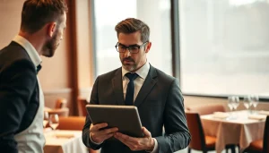 Headhunter Gastronomie im Gespräch mit einem Restaurantleiter in einem eleganten Restaurant.
