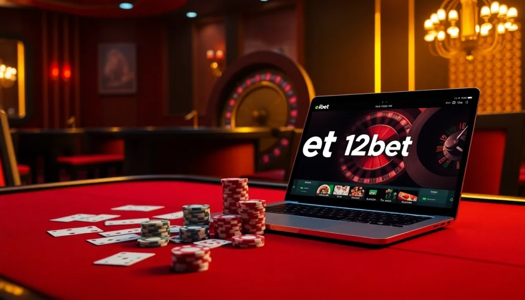 Experience the excitement of the link 12bet with an enticing casino scene showcasing poker and roulette.