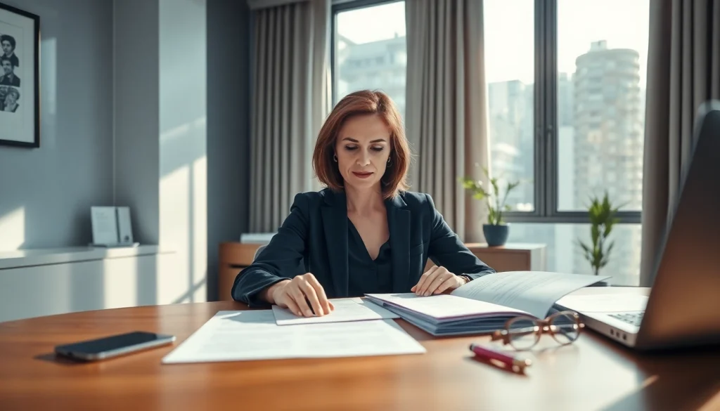 Professioneller beglaubigter Übersetzer prüft Dokumente in einem eleganten Büro.