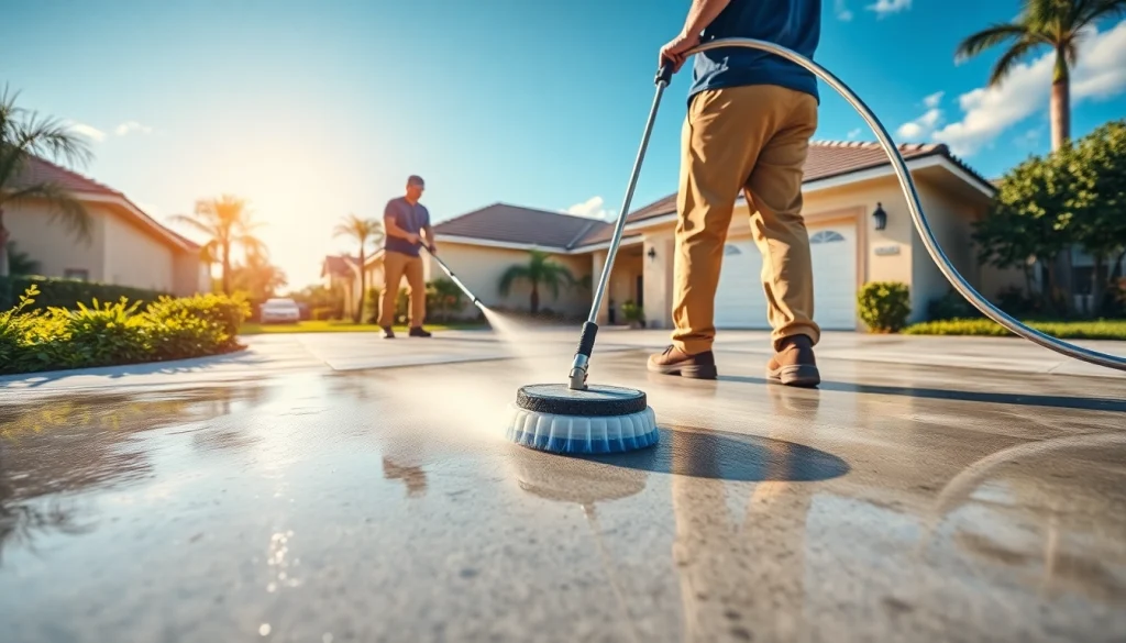 Driveway pressure wash service in Kissimmee, FL, showcasing professional team and equipment.