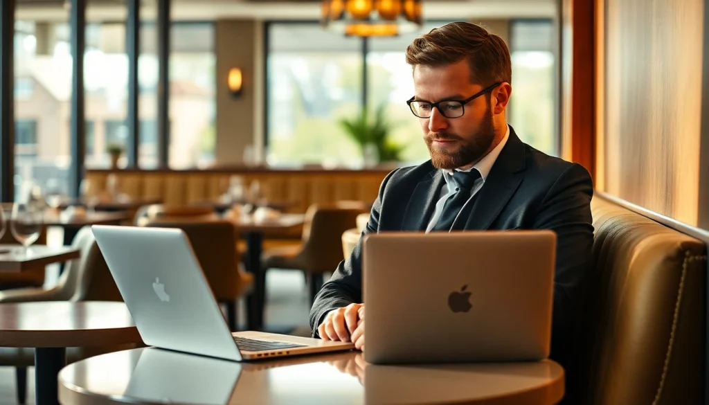 Headhunter Gastronomie in einem modernen Restaurant, nachdenklich am Laptop