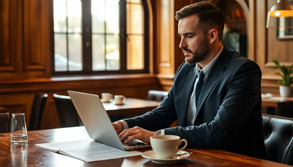 Headhunter Gastronomie arbeitet konzentriert in einem Restaurant mit Laptop und Akten.
