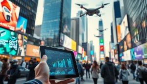 Technologie zeigt futuristischen urbanen Raum mit innovativen Geräten und Interaktionen.