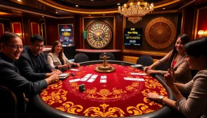 Analyze gambling odds with a vibrant casino scene showcasing professional players and thrilling betting action.