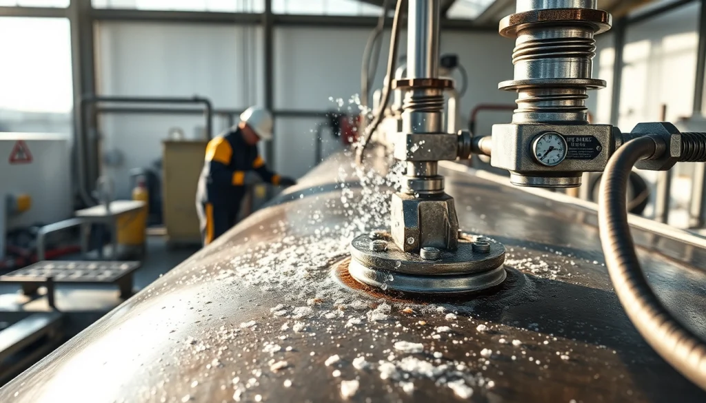 Effektive Tankreinigung durch Fachleute bei der Arbeit an einem großen Lagertank.
