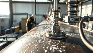 Effektive Tankreinigung durch Fachleute bei der Arbeit an einem großen Lagertank.