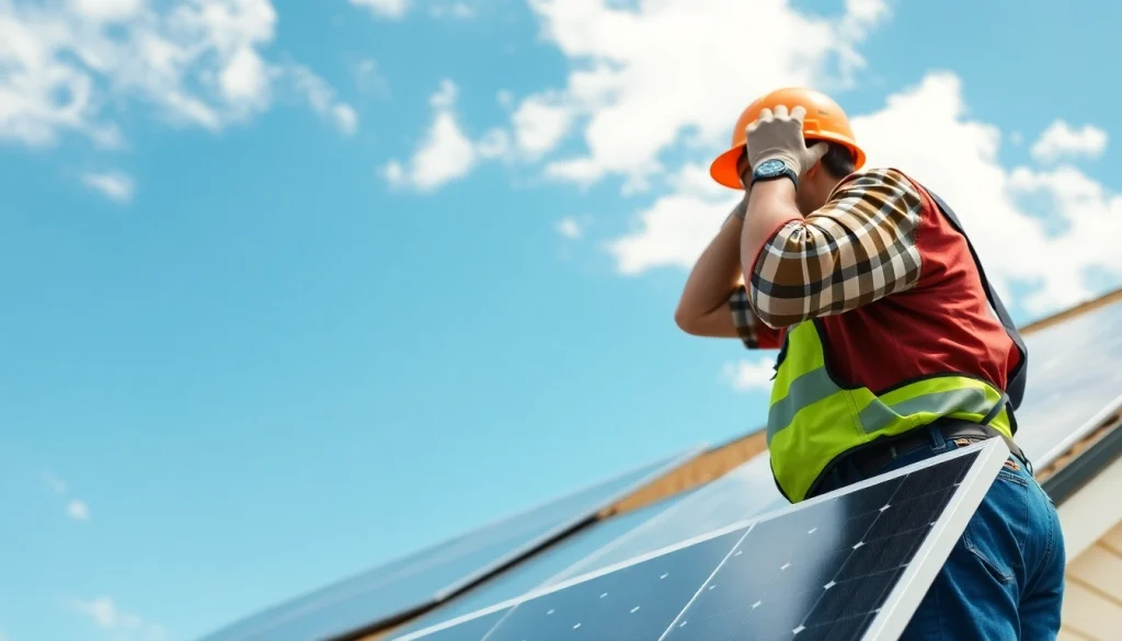 Solar Wien zeigt eine Solaranlage auf einem modernen Wohnhaus mit einem Techniker.