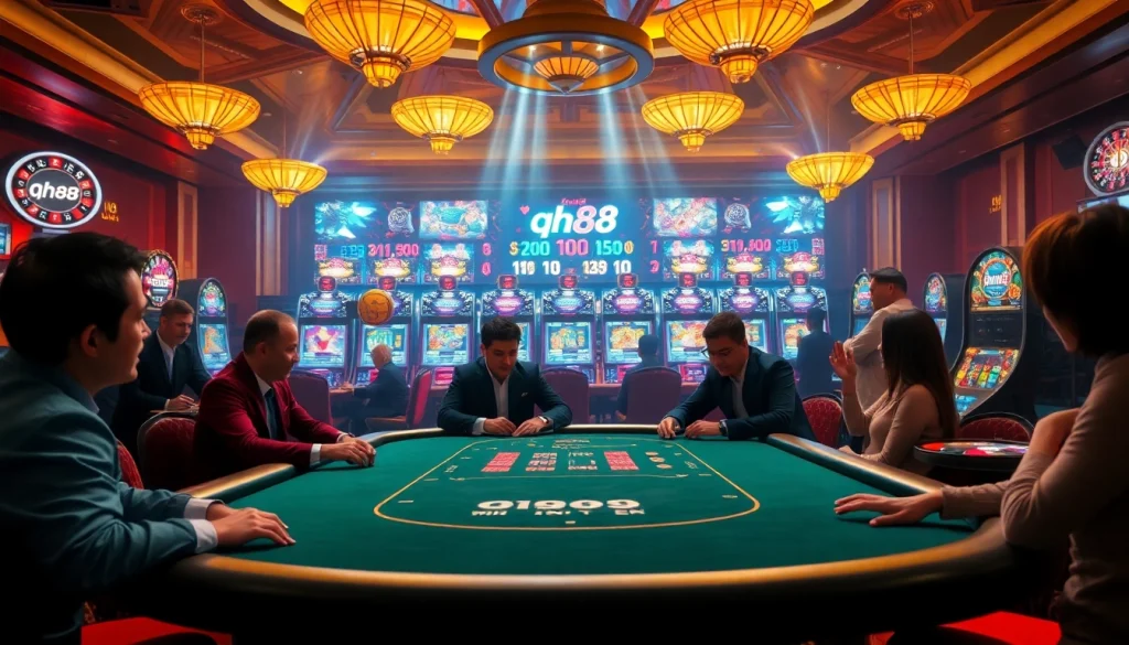 Players enjoying poker at qh88’s luxurious online casino experience, showcasing high stakes and excitement.