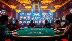 Players enjoying poker at qh88’s luxurious online casino experience, showcasing high stakes and excitement.