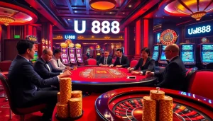 Exciting poker game at U888 casino with engaged players and vibrant slot machines lighting up the atmosphere.