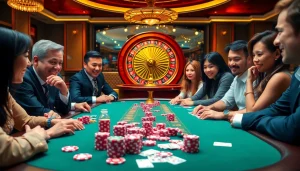 Bạch thủ lô kép excitement at a bustling poker table with colorful chips and cards