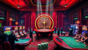 Engaging scene of luxury casino featuring roulette wheel, poker tables, and ok8386 branding.