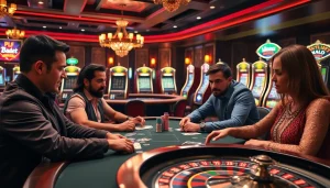 Players enjoying a thrilling poker game at B52 Club, surrounded by vibrant casino elements.