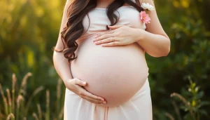 Schwangerschaftsfotografie zeigt eine werdende Mutter mit ihrem Babybauch in einer friedlichen Umgebung.