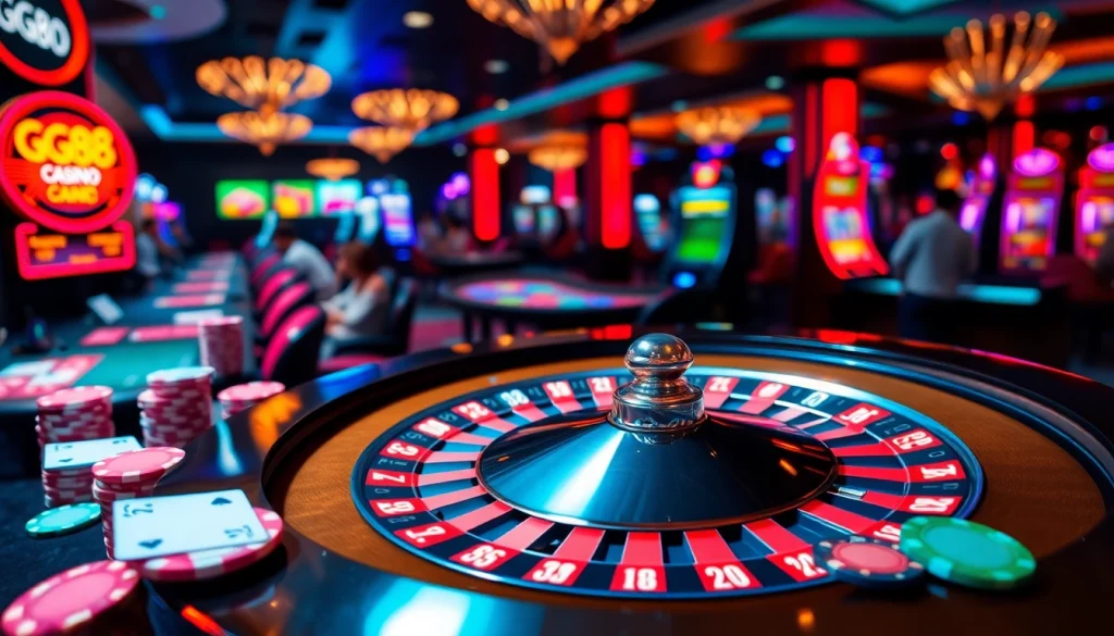 GG88 roulette wheel with colorful poker chips and slot machines in a vibrant casino scene.